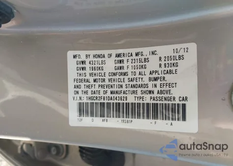 2013 Honda Accord Ex-L z USA, uszkodzony, nr VIN 1HGCR2F81DA043629